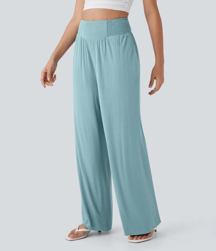 High Waisted Shirred Casual Pants with Pocket