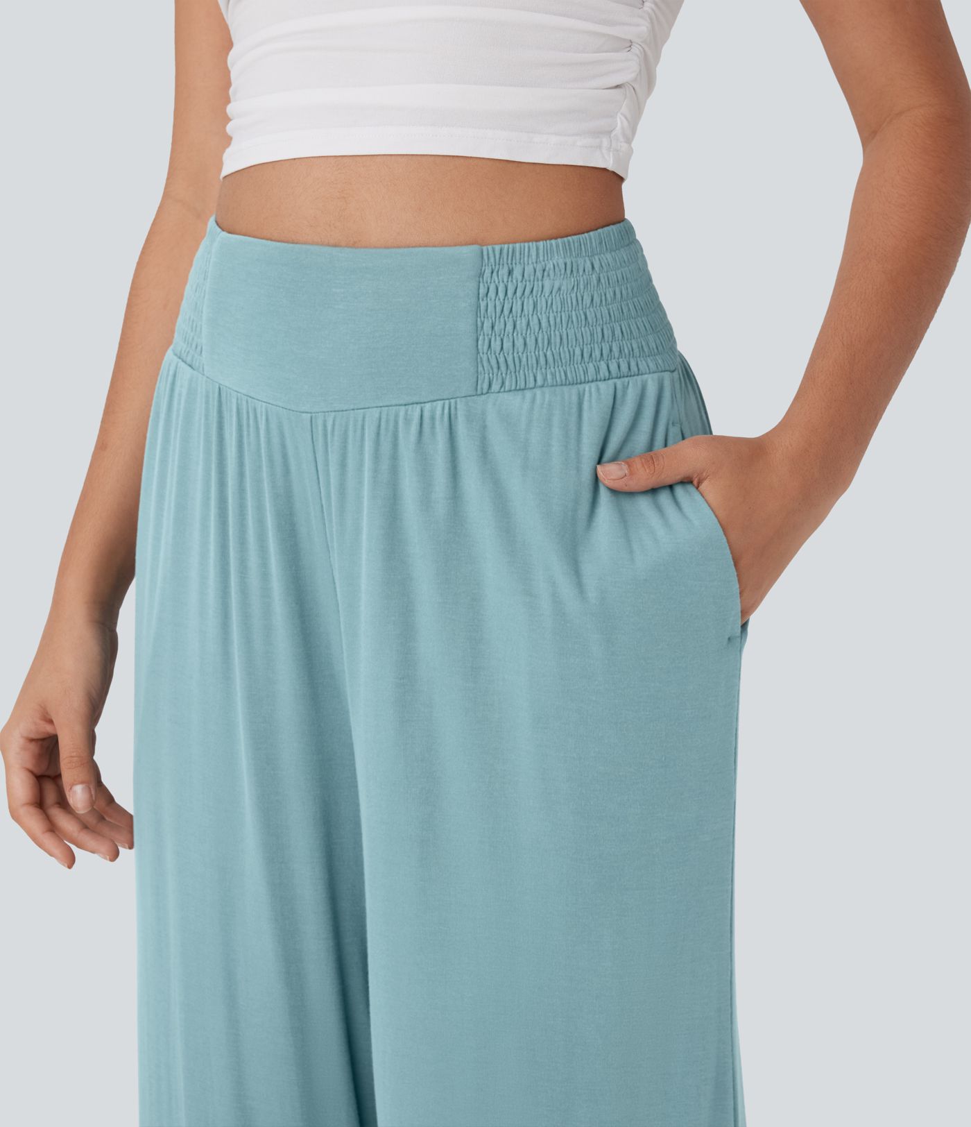 High Waisted Shirred Casual Pants with Pocket