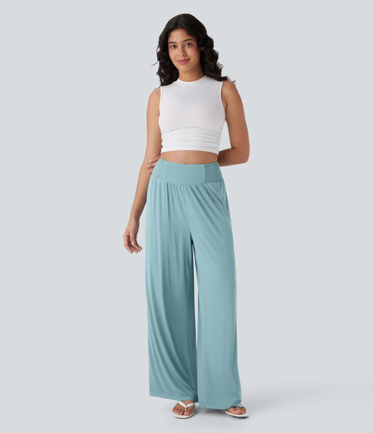 High Waisted Shirred Casual Pants with Pocket