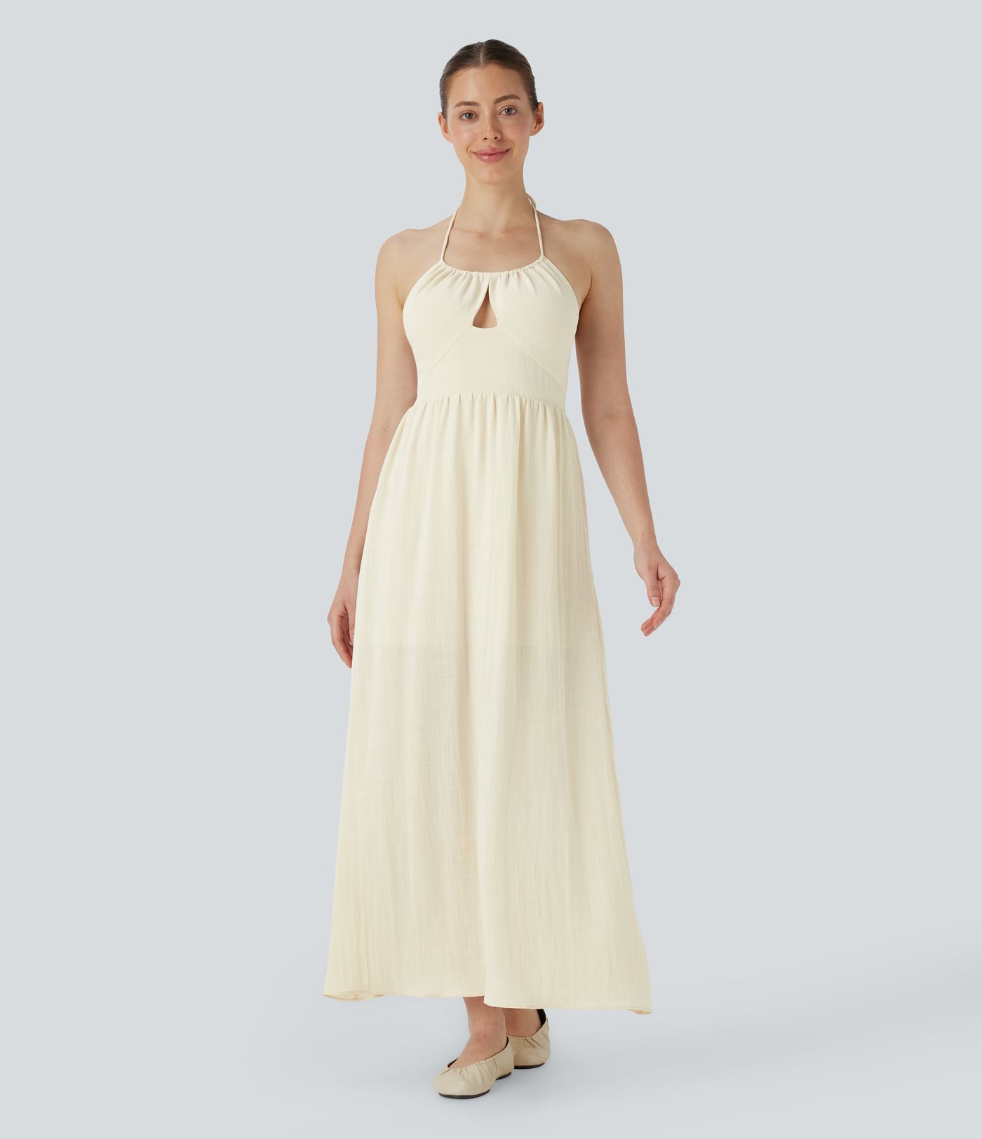 Vestido largo casual de lino con cuello halter, fruncido con espalda abierta y cierre invisible