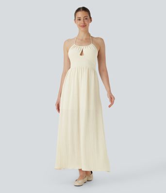 Vestido largo casual de lino con cuello halter, fruncido con espalda abierta y cierre invisible