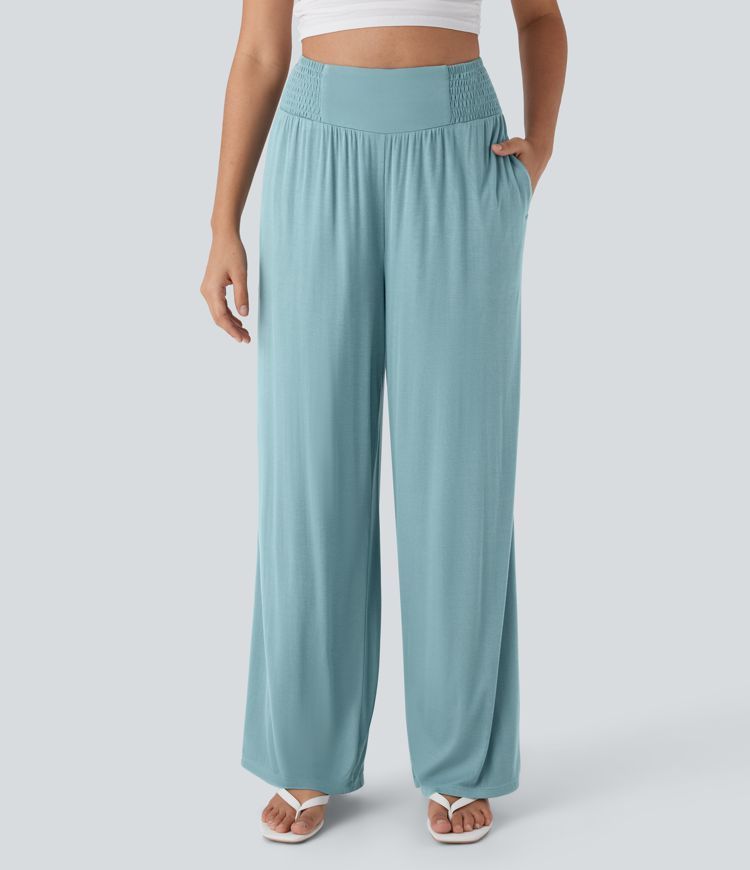 High Waisted Shirred Casual Pants with Pocket