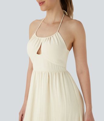 Vestido largo casual de lino con cuello halter, fruncido con espalda abierta y cierre invisible