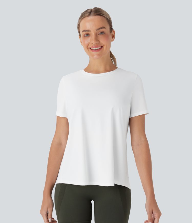 Yoga-Sport-Top mit Rundhalsausschnitt, kurzen Ärmeln, kontrastierendem Netzstoff und Schlitz