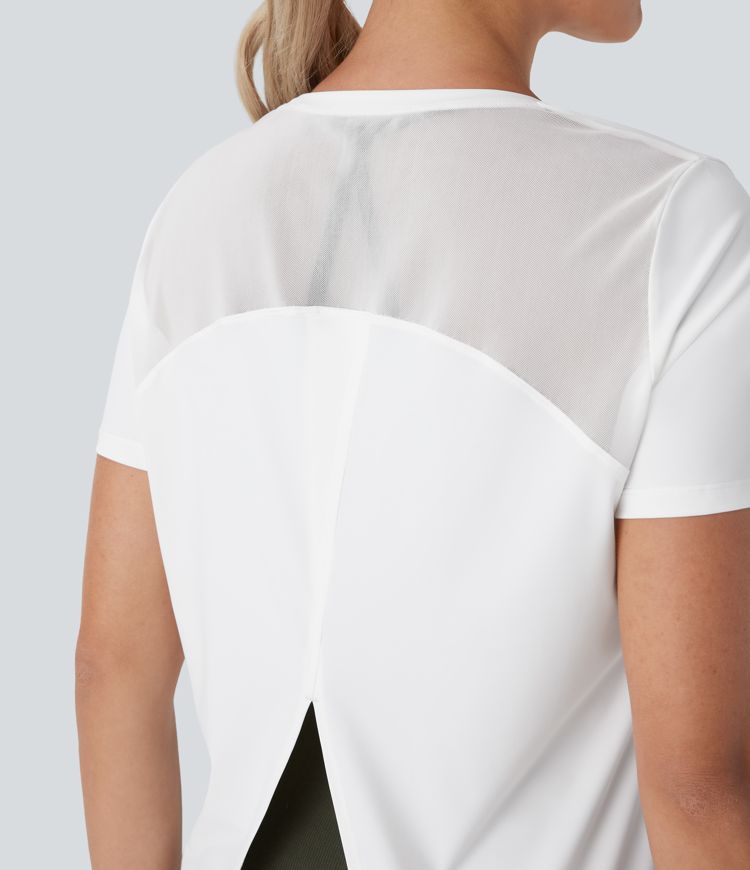 Yoga-Sport-Top mit Rundhalsausschnitt, kurzen Ärmeln, kontrastierendem Netzstoff und Schlitz