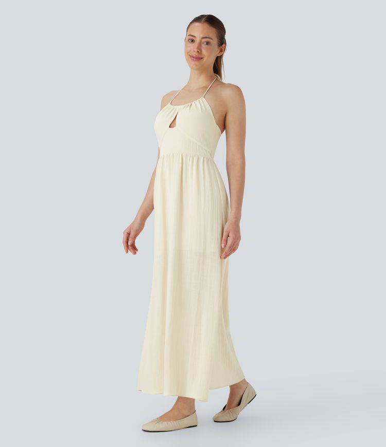 Halter Cut Out Tie Back Shirred Maxi Casual Linen-Feel Dress