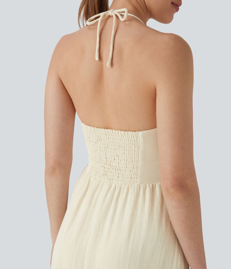 Halter Cut Out Tie Back Shirred Maxi Casual Linen-Feel Dress
