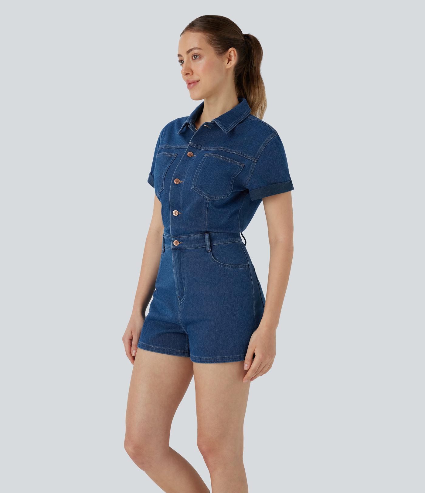 Halara Flex™ Short Sleeve Washed Denim Casual Utility Romper with Pockets