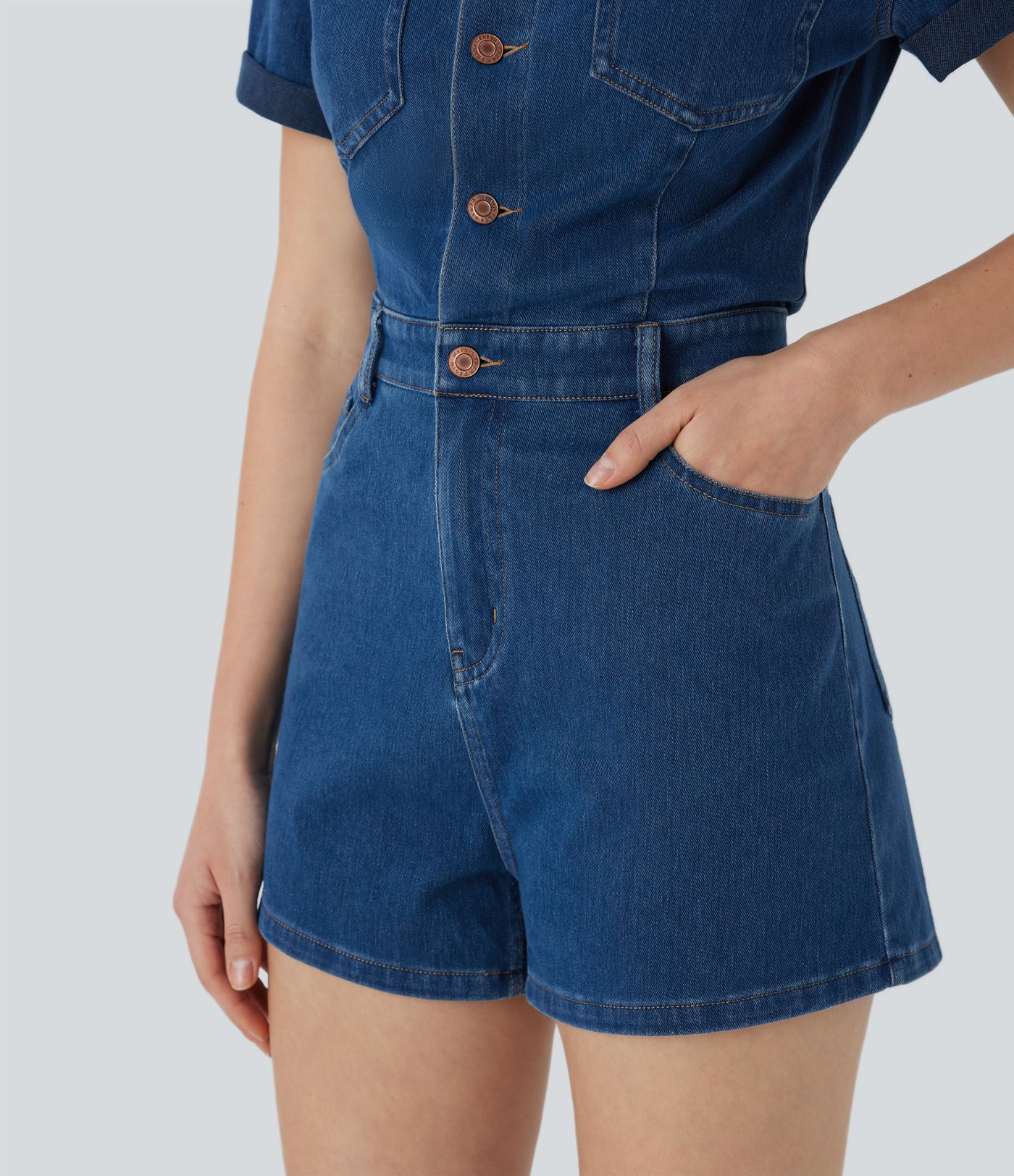 Halara Flex™ Short Sleeve Washed Denim Casual Utility Romper with Pockets