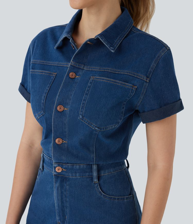 Halara Flex™ combi-short utilitaire à col et manches courtes en jean extensible délavé avec poches multiples