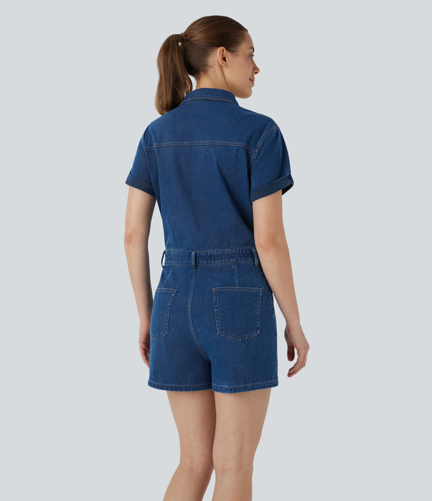 Halara Flex™ Short Sleeve Washed Denim Casual Utility Romper with Pockets