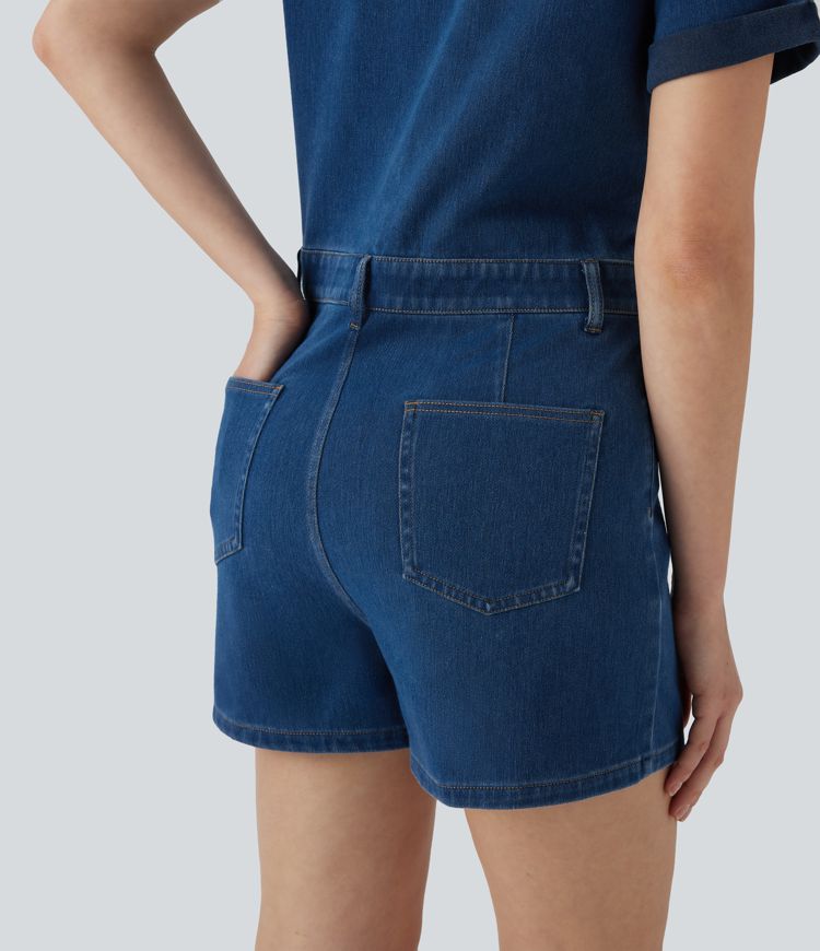 Halara Flex™ combi-short utilitaire à col et manches courtes en jean extensible délavé avec poches multiples