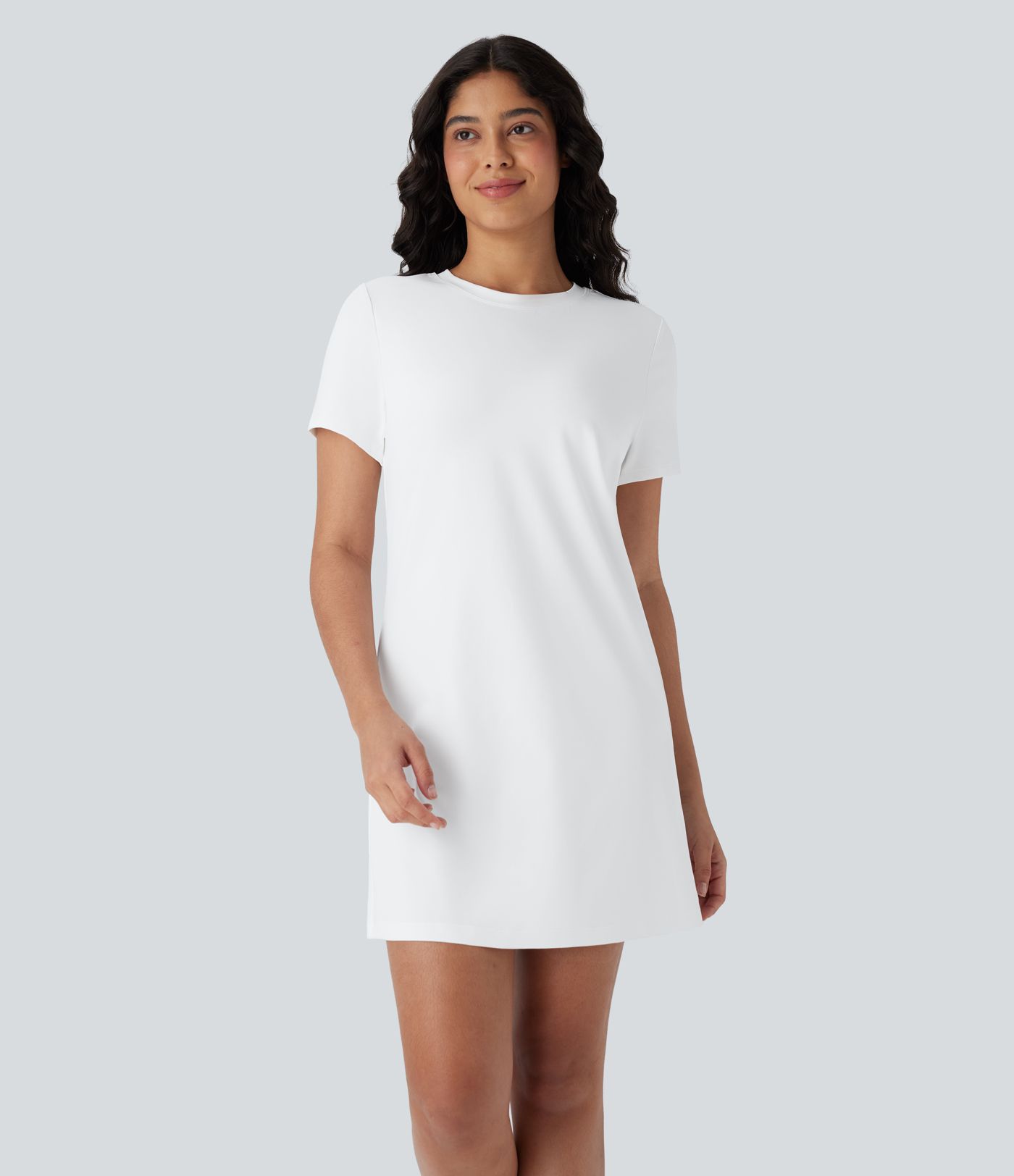 Einfarbiges Mini-Casual-T-Shirt-Kleid mit Rundhalsausschnitt und kurzen Ärmeln