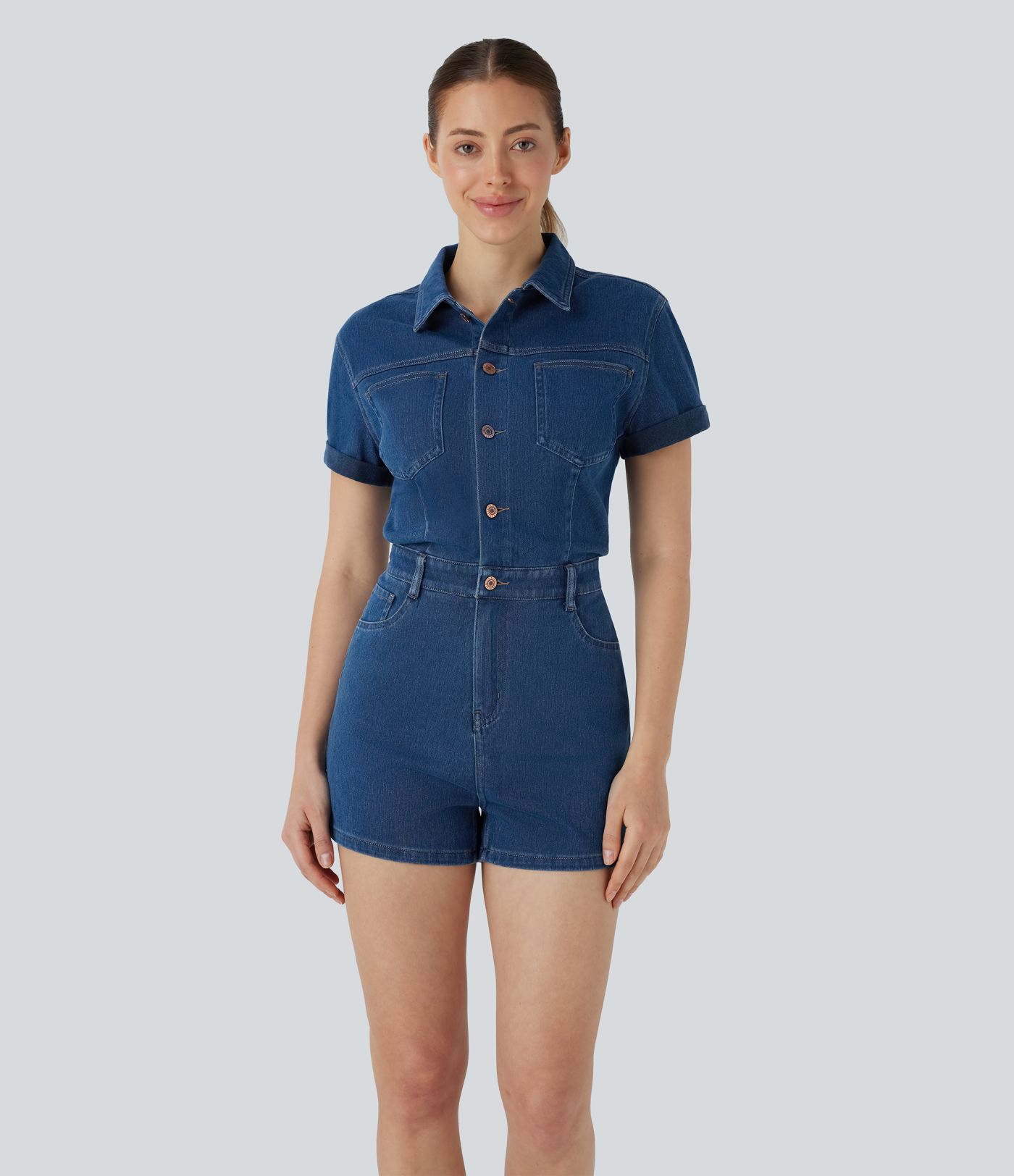 Halara Flex™ Short Sleeve Washed Denim Casual Utility Romper with Pockets