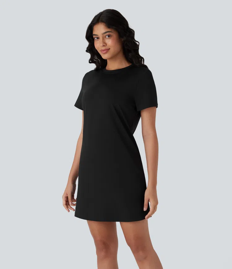 Round Neck Short Sleeve Solid Mini Casaul Tee Dress