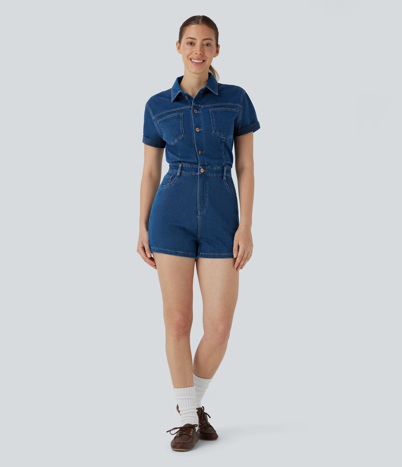 Halara Flex™ Short Sleeve Washed Denim Casual Utility Romper with Pockets
