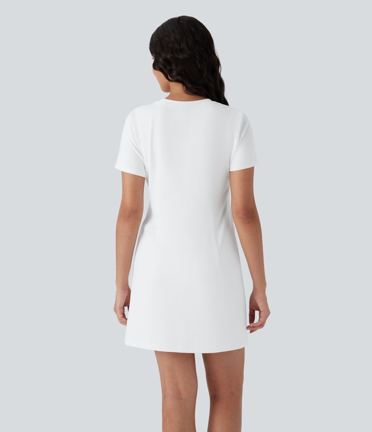 Einfarbiges Mini-Casual-T-Shirt-Kleid mit Rundhalsausschnitt und kurzen Ärmeln