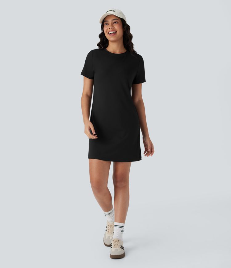 Round Neck Short Sleeve Solid Mini Casaul Tee Dress