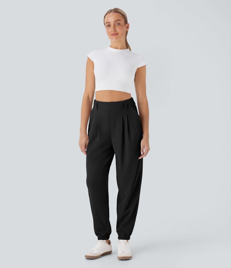 Hochsitzende, taillierte Waffel-Freizeit-Jogginghose mit Tasche