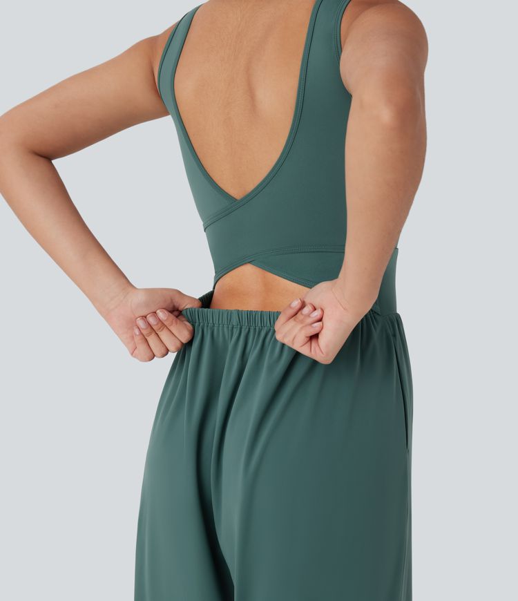 Softlyzero™ Airy Crisscross Backless Wide Leg Cool Touch Yoga Jumpsuit with Pockets-Easy Peezy
