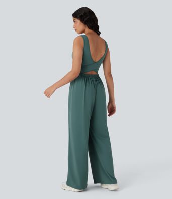 Mono de yoga ancho Softlyzero™ con tirantes cruzados, espalda descubierta, tacto fresco y bolsillos - Easy Peezy