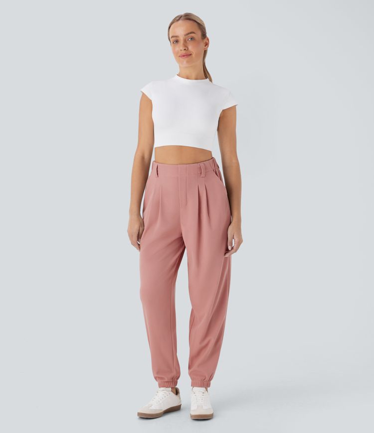 High Waisted Tapered Waffle Casual Joggers with Side Pocket