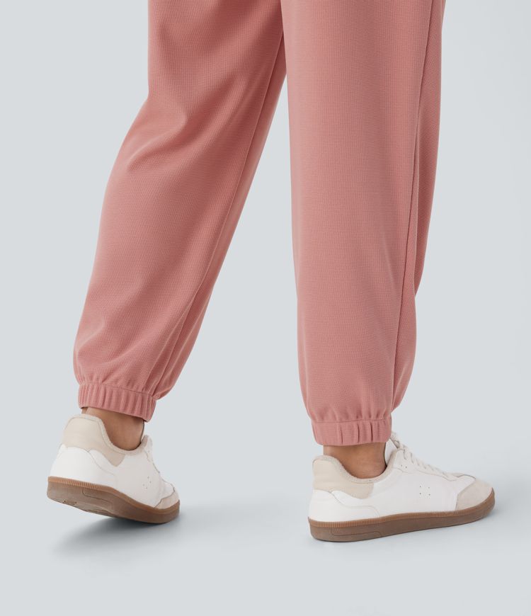High Waisted Tapered Waffle Casual Joggers with Side Pocket