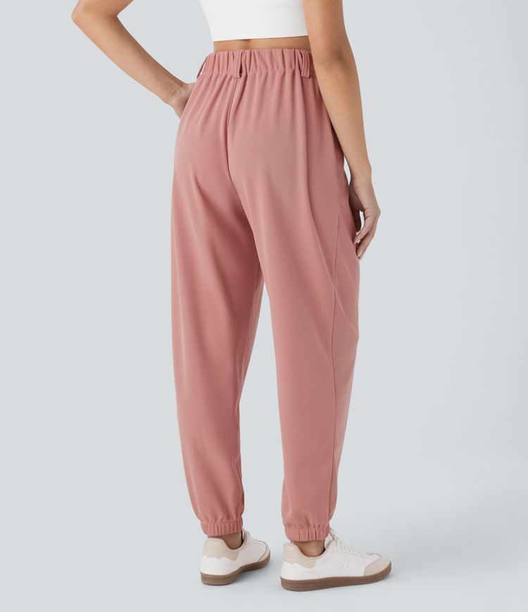 High Waisted Tapered Waffle Casual Joggers with Side Pocket