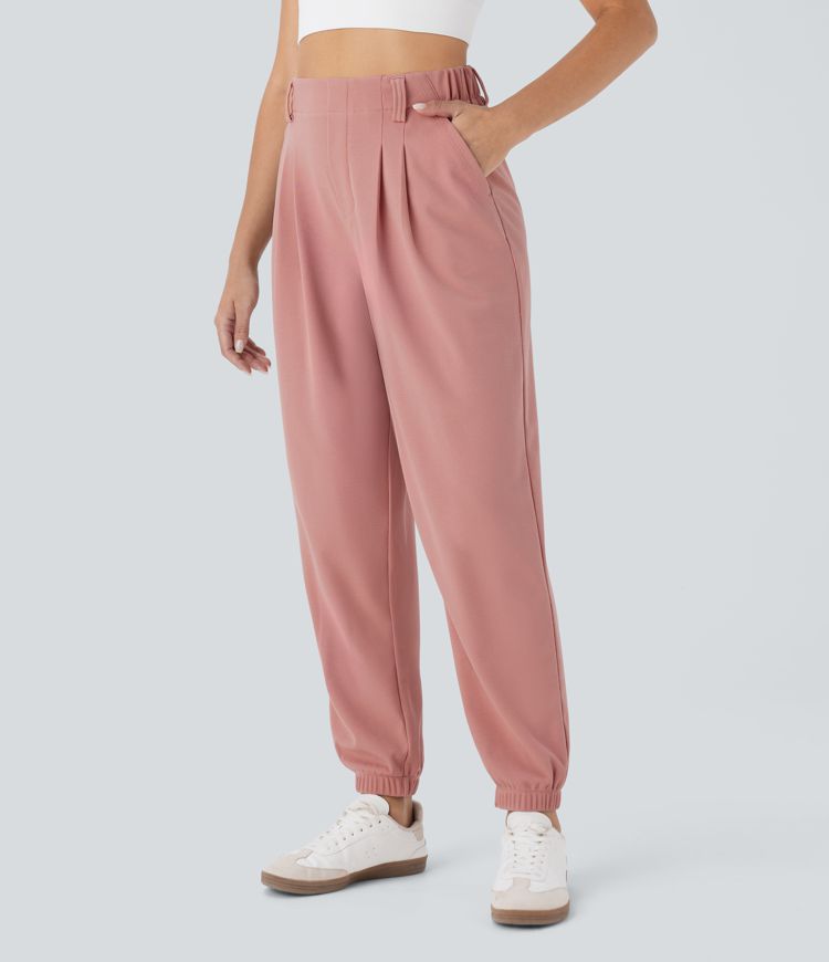 High Waisted Tapered Waffle Casual Joggers with Pocket