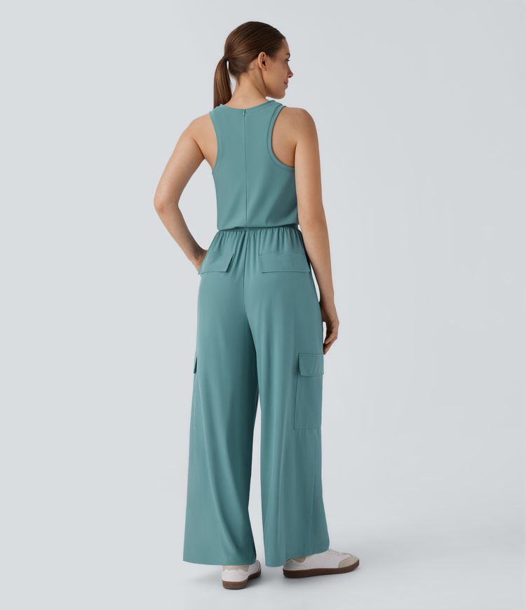 Breezeful™ Round Neck Sleeveless Invisible Zipper Multiple Pockets Straight Leg Quick Dry Casual Jumpsuit