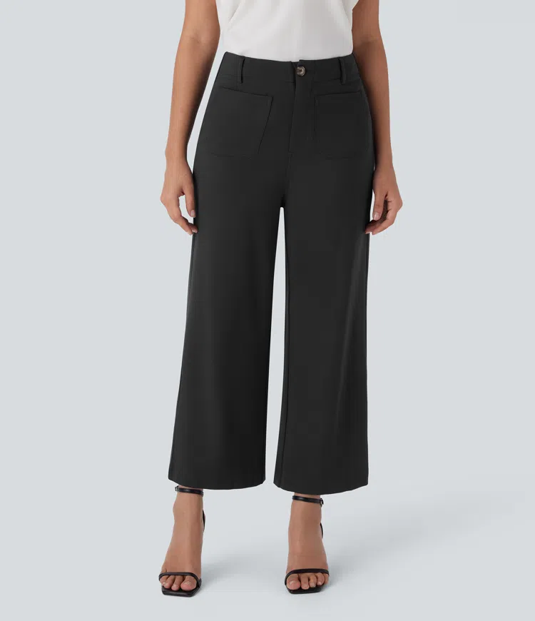 Stoffhose mit hohem Bund, mehreren Taschen, Knopf, Reißverschluss und weitem Bein
