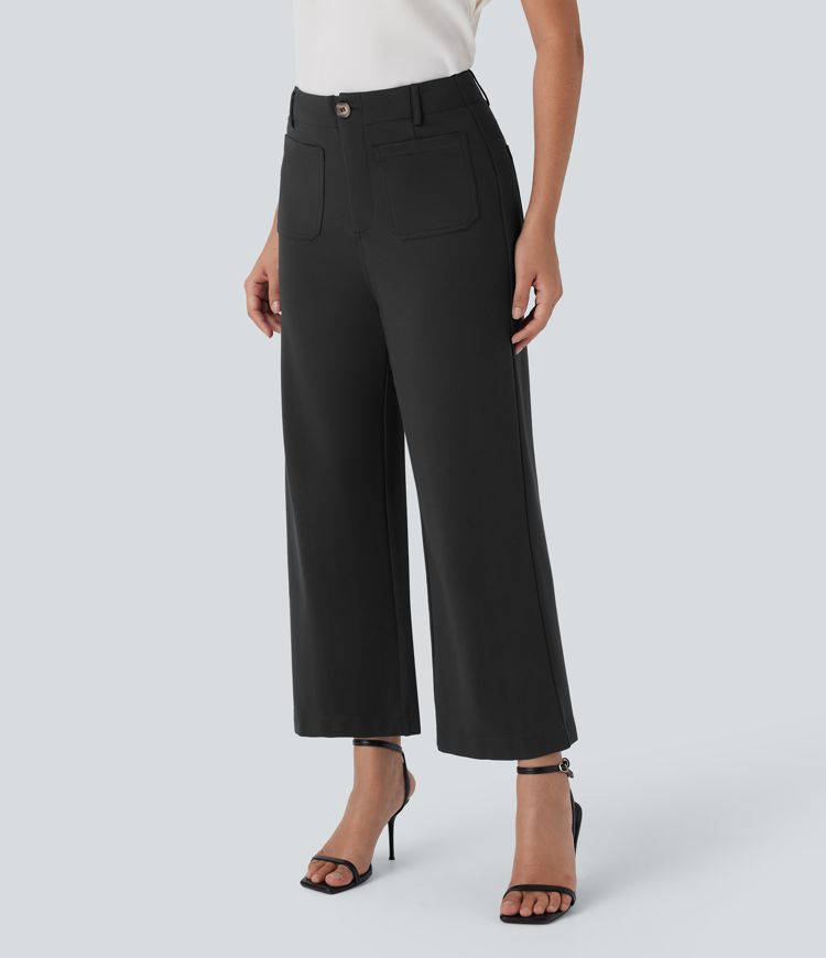 Stoffhose mit hohem Bund, mehreren Taschen, Knopf, Reißverschluss und weitem Bein