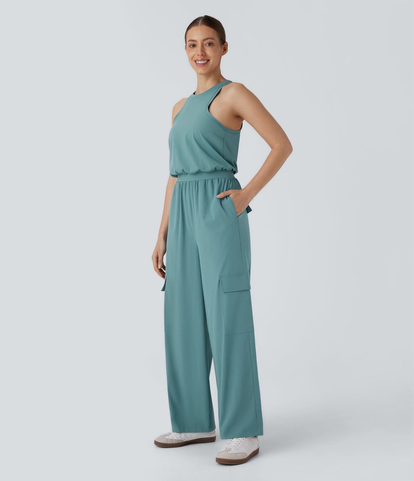 Breezeful™ Round Neck Sleeveless Invisible Zipper Multiple Pockets Straight Leg Quick Dry Casual Jumpsuit