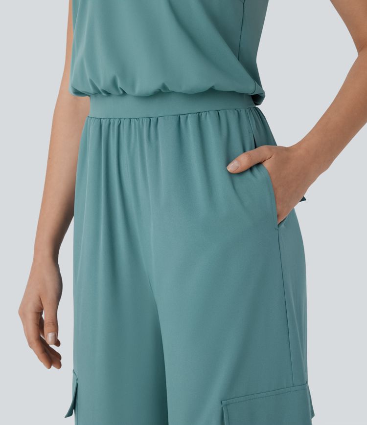 Breezeful™ Round Neck Sleeveless Invisible Zipper Multiple Pockets Straight Leg Quick Dry Casual Jumpsuit