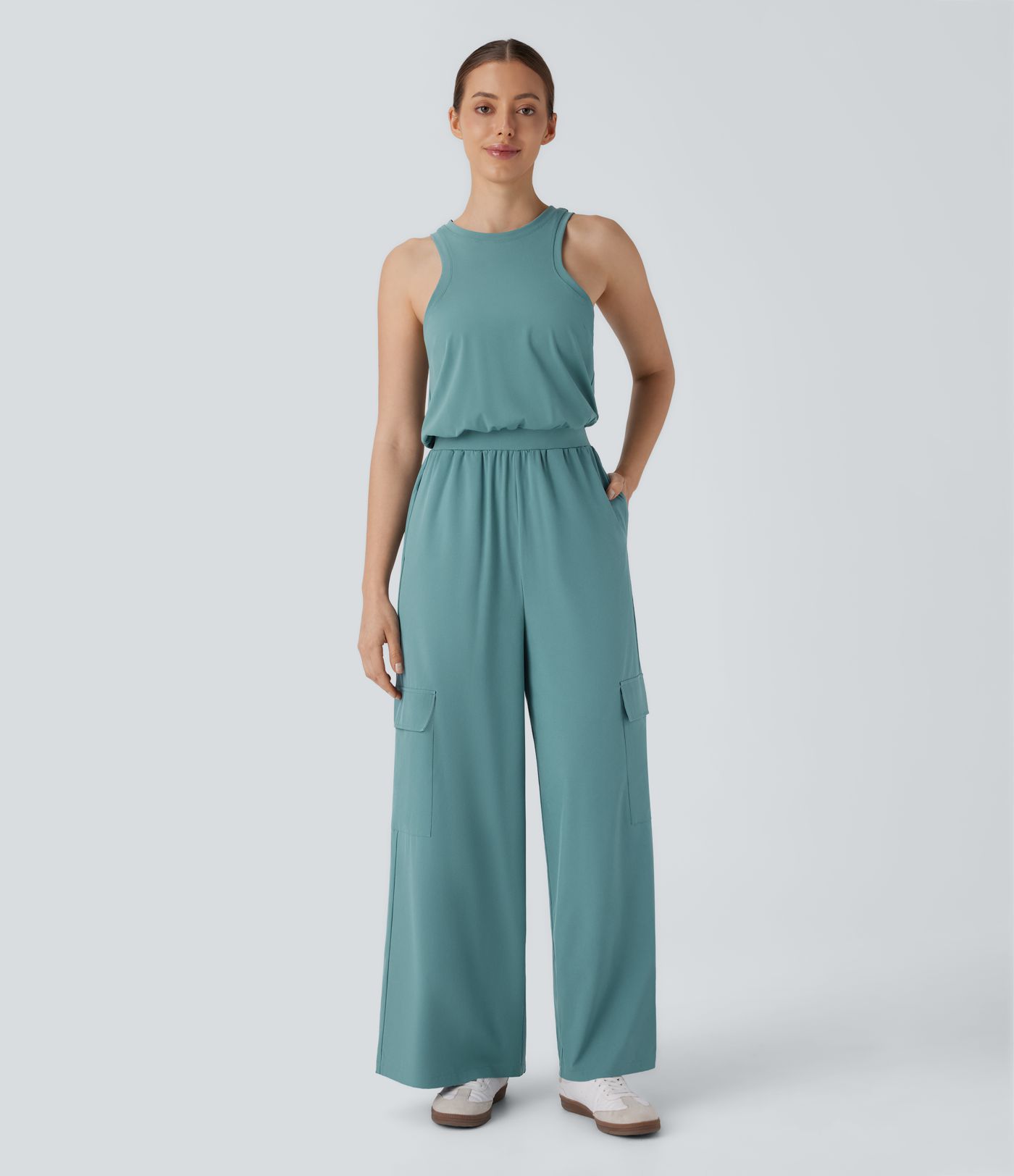 Breezeful™ Round Neck Sleeveless Invisible Zipper Multiple Pockets Straight Leg Quick Dry Casual Jumpsuit