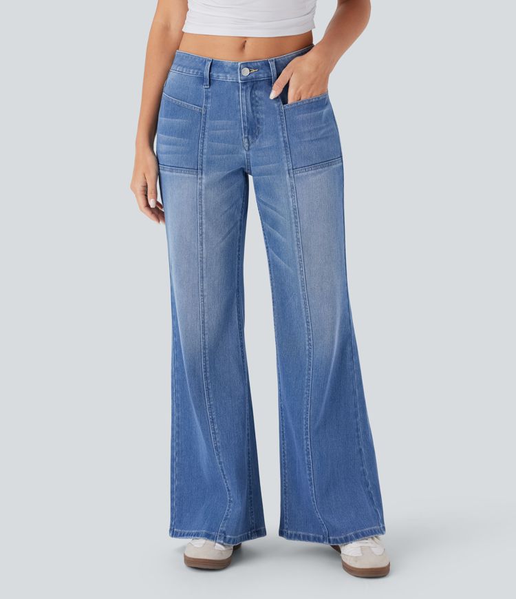 Halara Flex™ Low Rise Zipper Pockets Baggy Wide Leg Flare Washed Casual Jeans