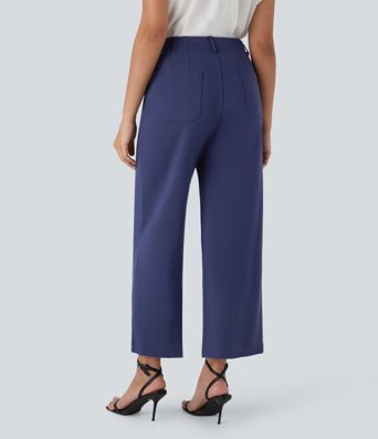 Pantalón oficina tiro alto cremallera botón pierna ancha múltiple bolsillo Pantalón oficina tiro alto cremallera botón pierna ancha múltiple bolsillo