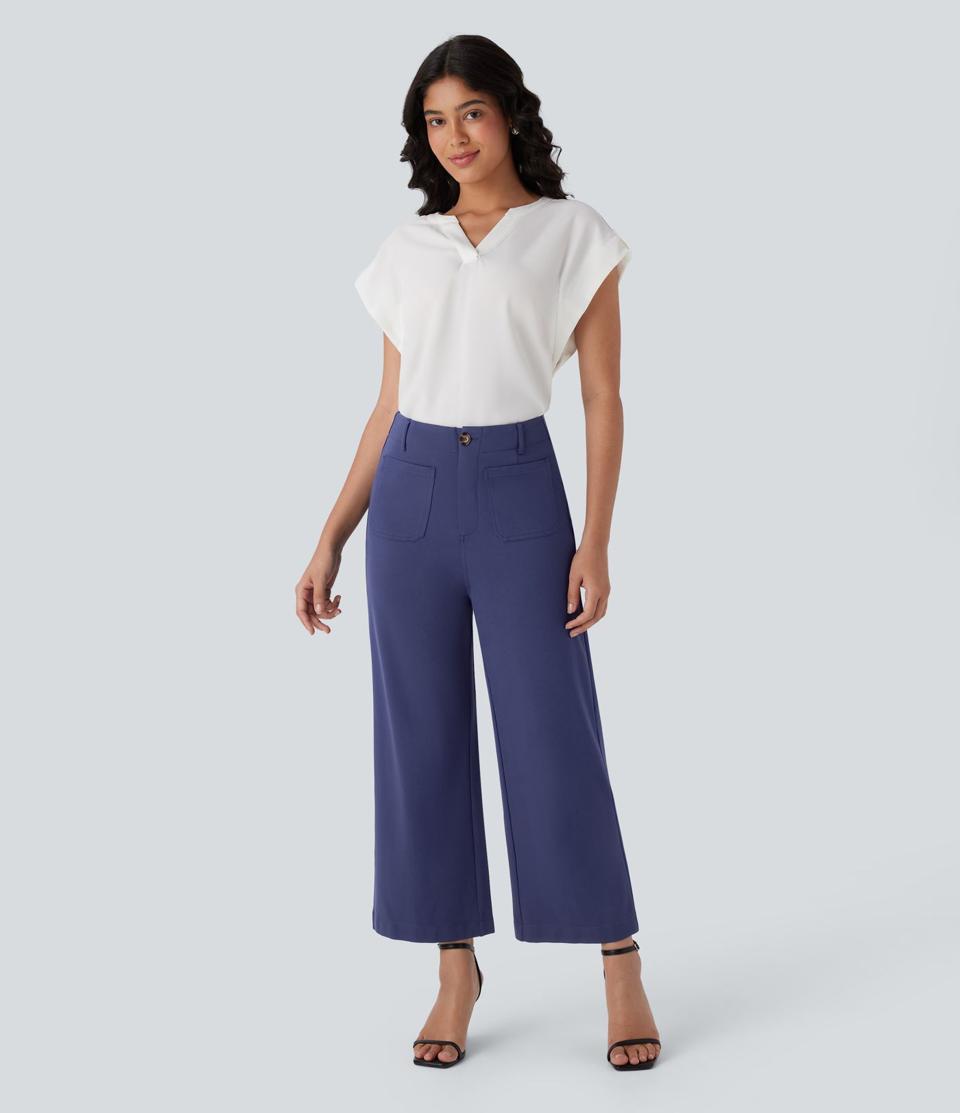 Pantalón oficina tiro alto cremallera botón pierna ancha múltiple bolsillo Pantalón oficina tiro alto cremallera botón pierna ancha múltiple bolsillo