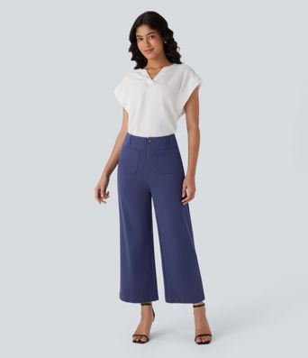 Pantalón oficina tiro alto cremallera botón pierna ancha múltiple bolsillo Pantalón oficina tiro alto cremallera botón pierna ancha múltiple bolsillo