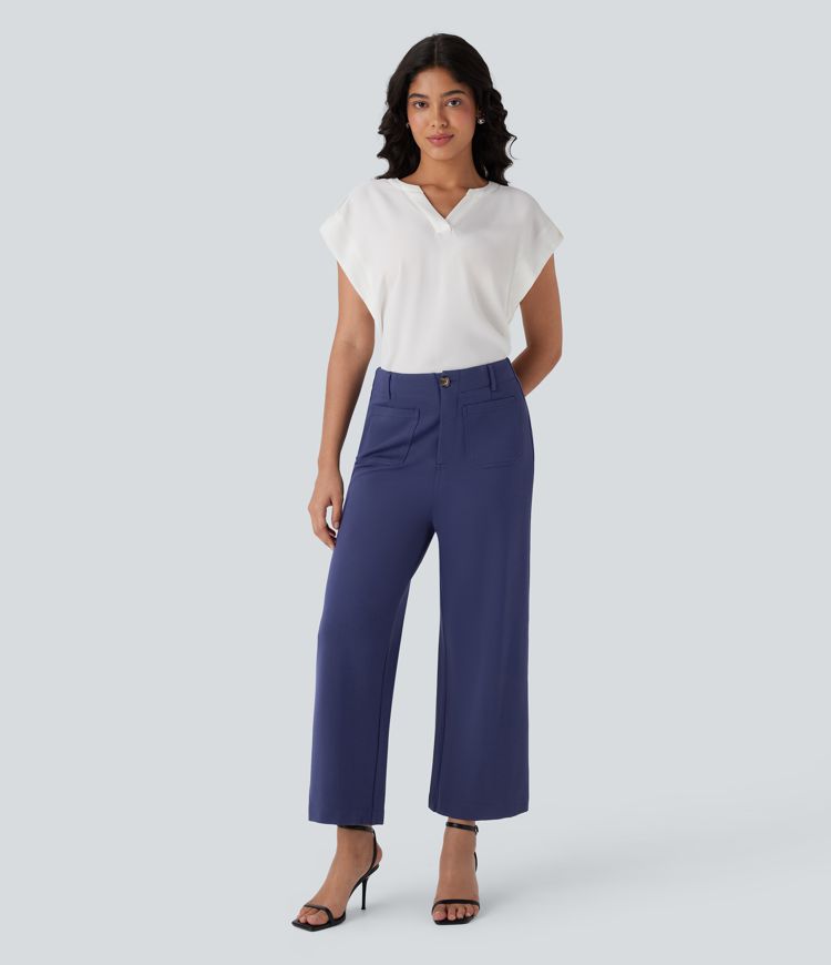 Pantalón oficina tiro alto cremallera botón pierna ancha múltiple bolsillo Pantalón oficina tiro alto cremallera botón pierna ancha múltiple bolsillo