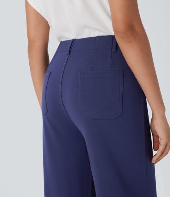 Pantalón oficina tiro alto cremallera botón pierna ancha múltiple bolsillo Pantalón oficina tiro alto cremallera botón pierna ancha múltiple bolsillo