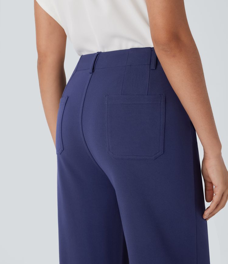 Pantalón oficina tiro alto cremallera botón pierna ancha múltiple bolsillo Pantalón oficina tiro alto cremallera botón pierna ancha múltiple bolsillo
