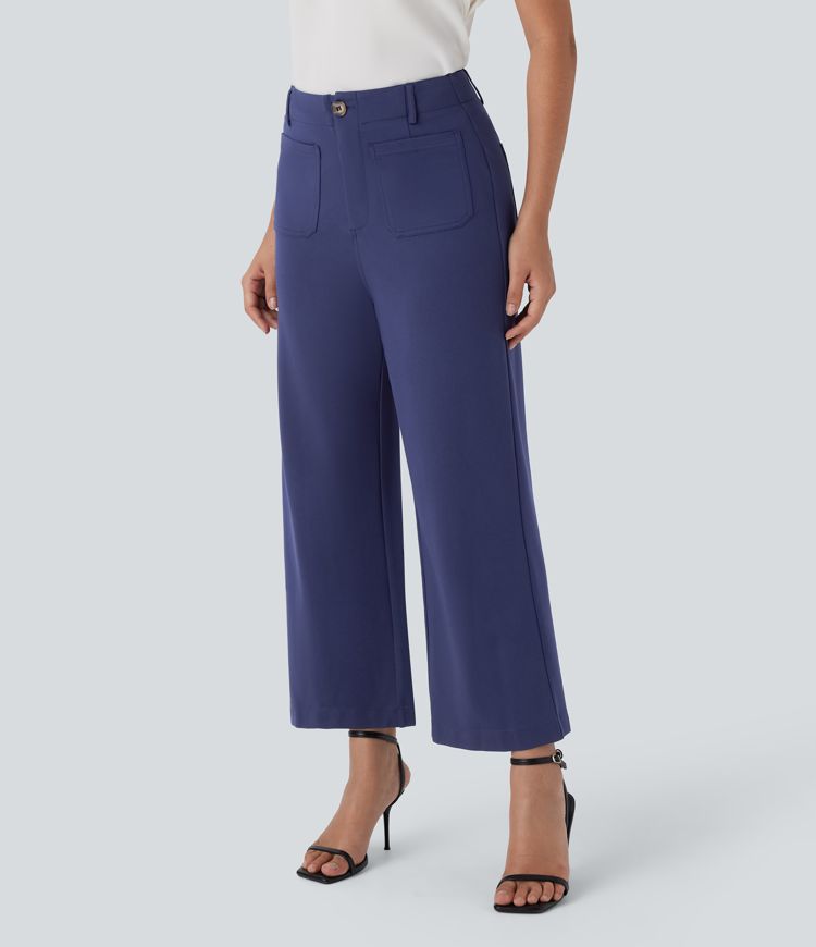 Pantalón oficina tiro alto cremallera botón pierna ancha múltiple bolsillo Pantalón oficina tiro alto cremallera botón pierna ancha múltiple bolsillo
