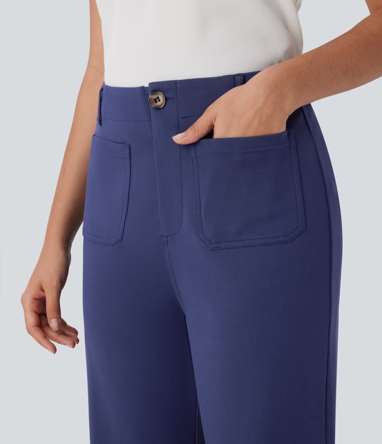 Pantalón oficina tiro alto cremallera botón pierna ancha múltiple bolsillo Pantalón oficina tiro alto cremallera botón pierna ancha múltiple bolsillo