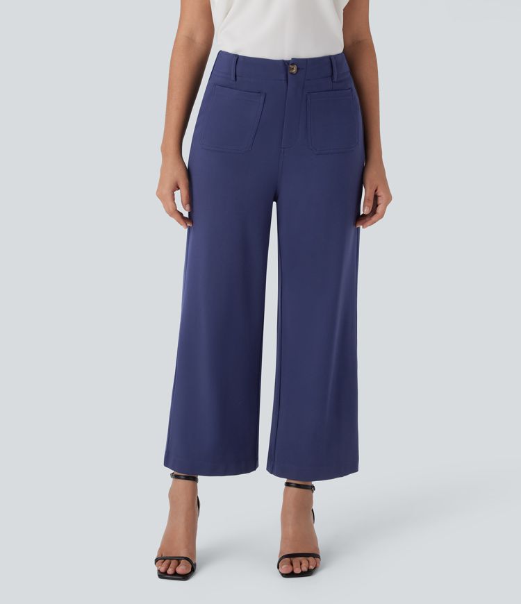Pantalón oficina tiro alto cremallera botón pierna ancha múltiple bolsillo Pantalón oficina tiro alto cremallera botón pierna ancha múltiple bolsillo