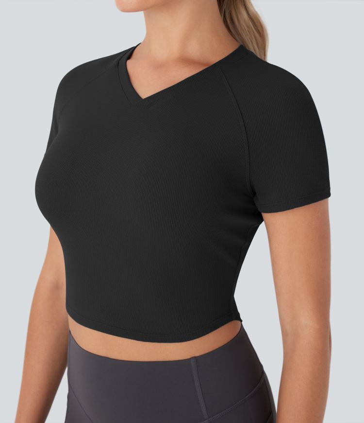 V Neck Curved Hem Cropped Waffle Knit Yoga Sports Top