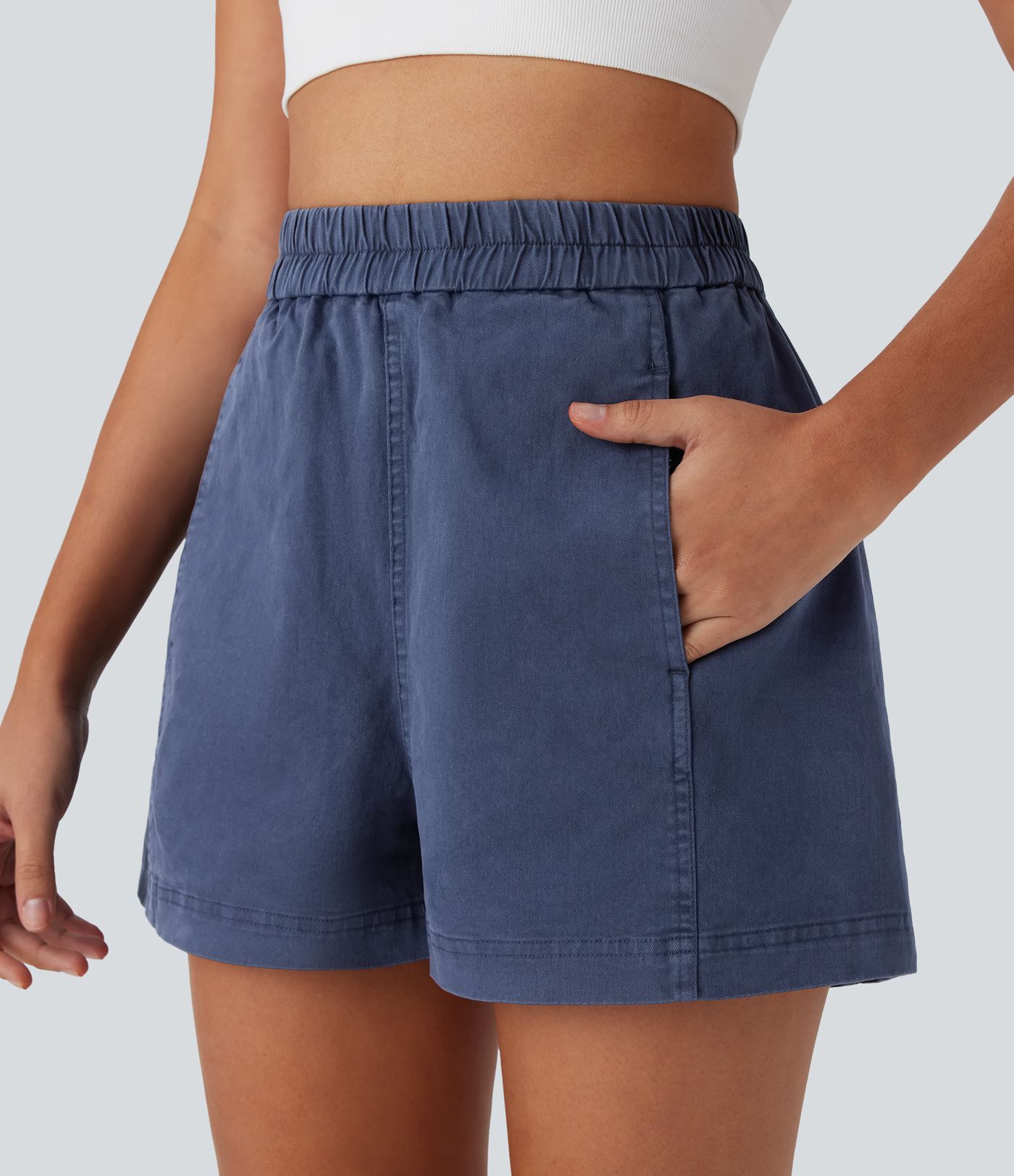 High Waisted Pocket Washed Casual Cotton Shorts