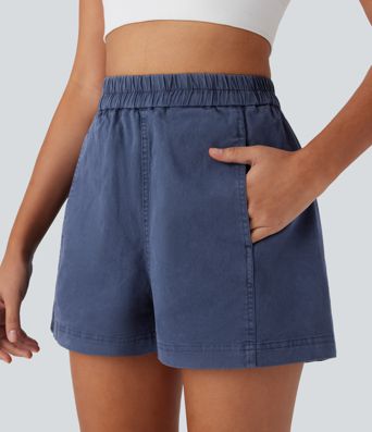 High Waisted Pocket Washed Casual Cotton Shorts