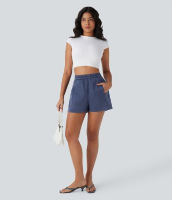 High Waisted Pocket Washed Casual Cotton Shorts