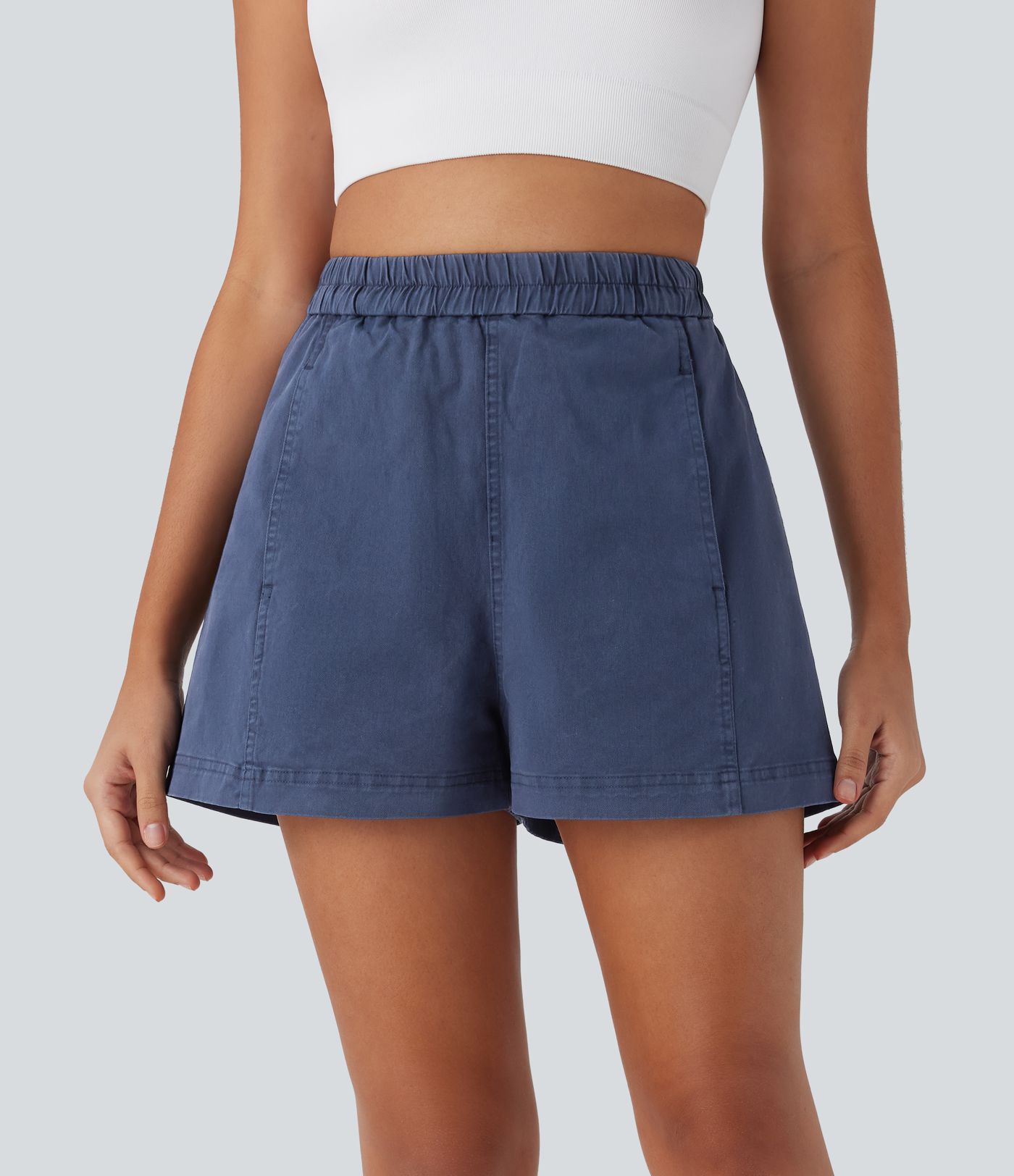High Waisted Pocket Washed Casual Cotton Shorts